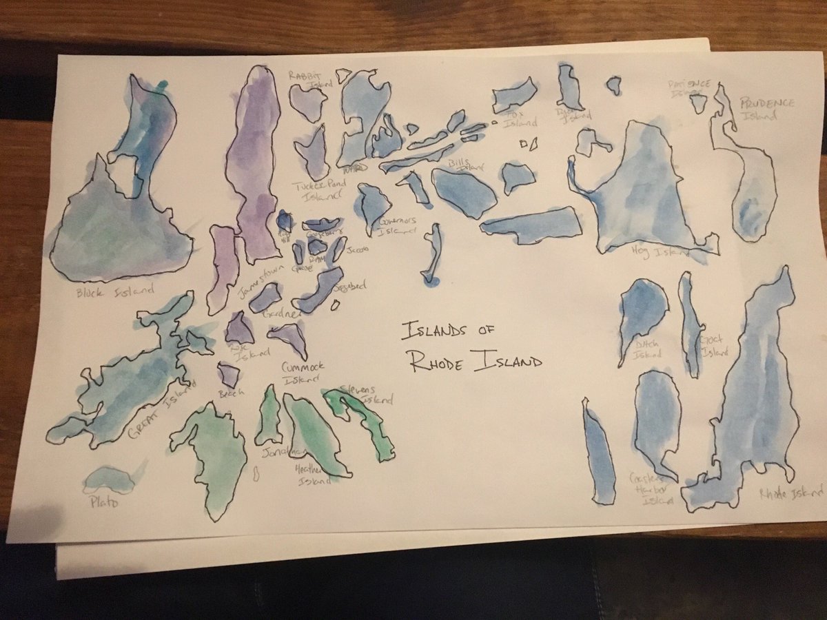 water color map of the different islands that make up Rhode Island