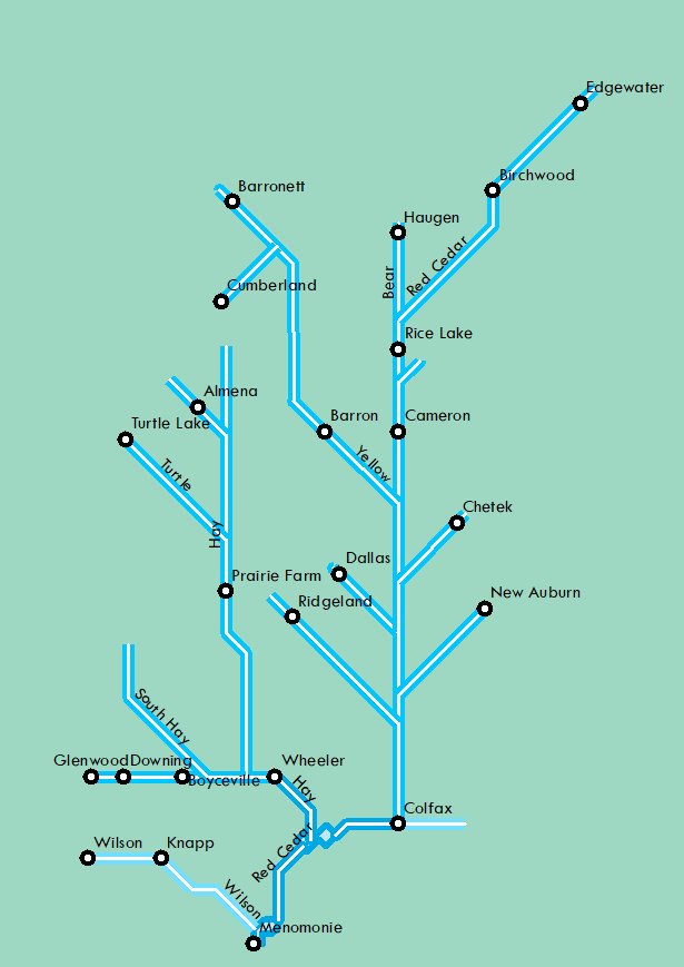 a map about watersheds that looks more like a city subway map aesthetically